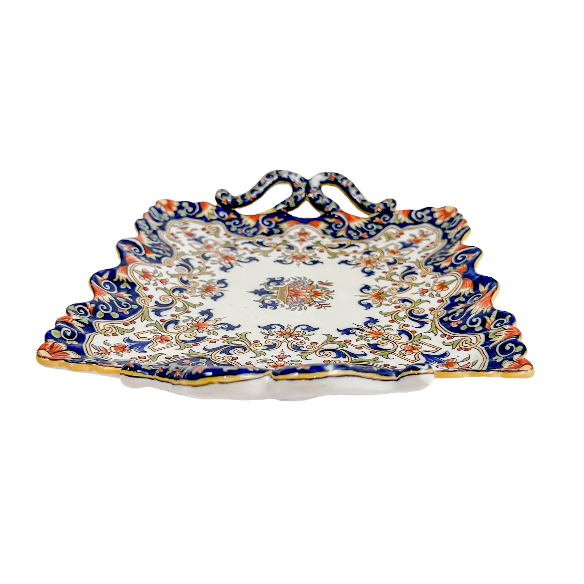 French 1900's Desvres Fourmaintraux faience ceramic floral two-handled tray