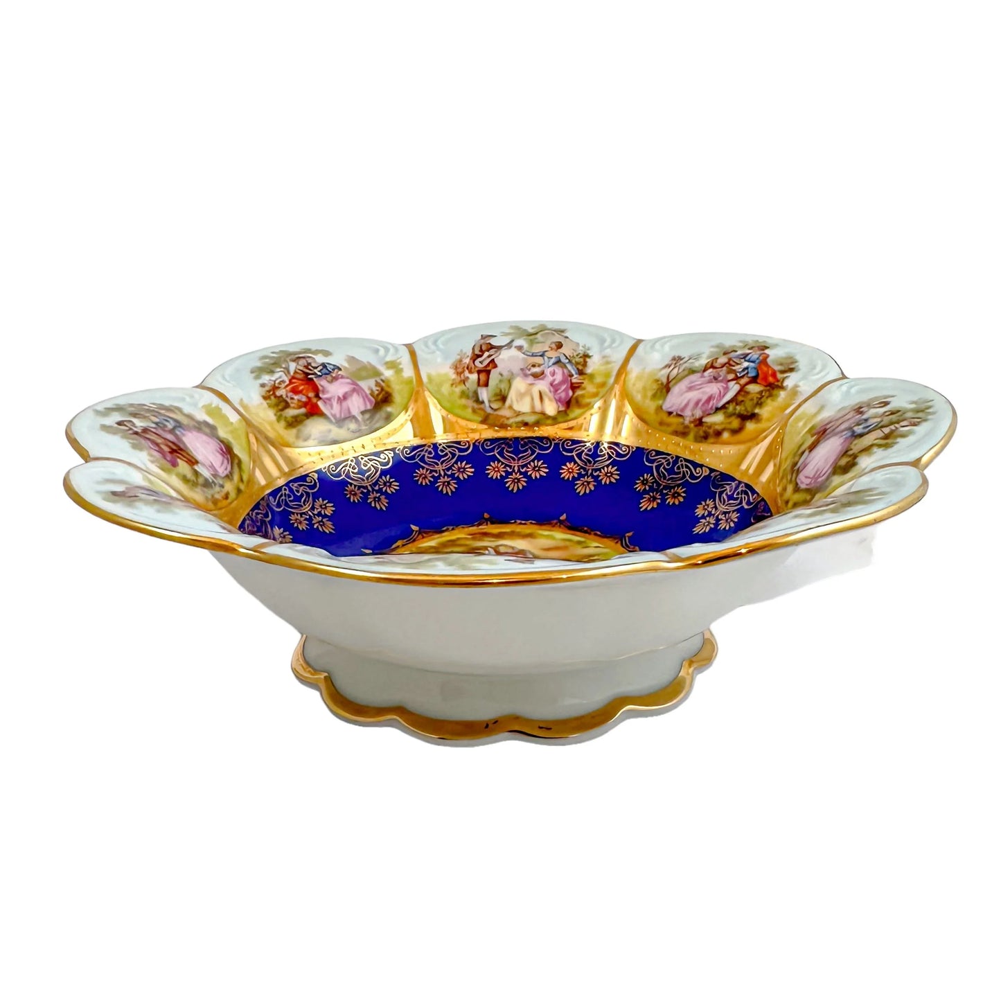 Large Josef Kuba vintage fluted bowl depicting Fragonard courting couples, Karslbad