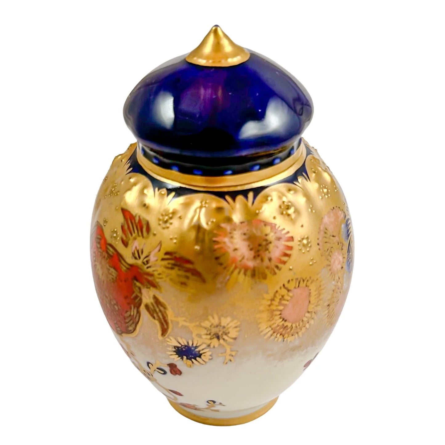 Victorian Royal Crown Derby lidded pot gilded and hand-painted with Imari flowers