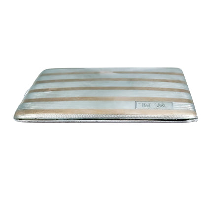 American Art Deco sterling silver cigarette / card case inlaid with 14k yellow gold bands