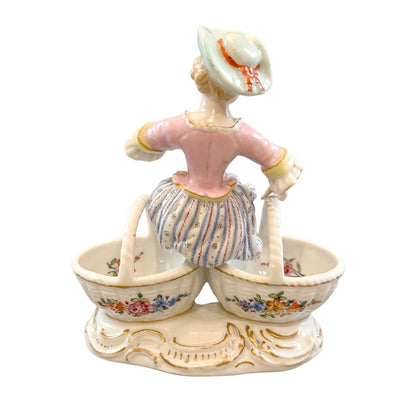 Rococo German Dresden porcelain double open bonbon / salt cellar, "Girl with baskets"