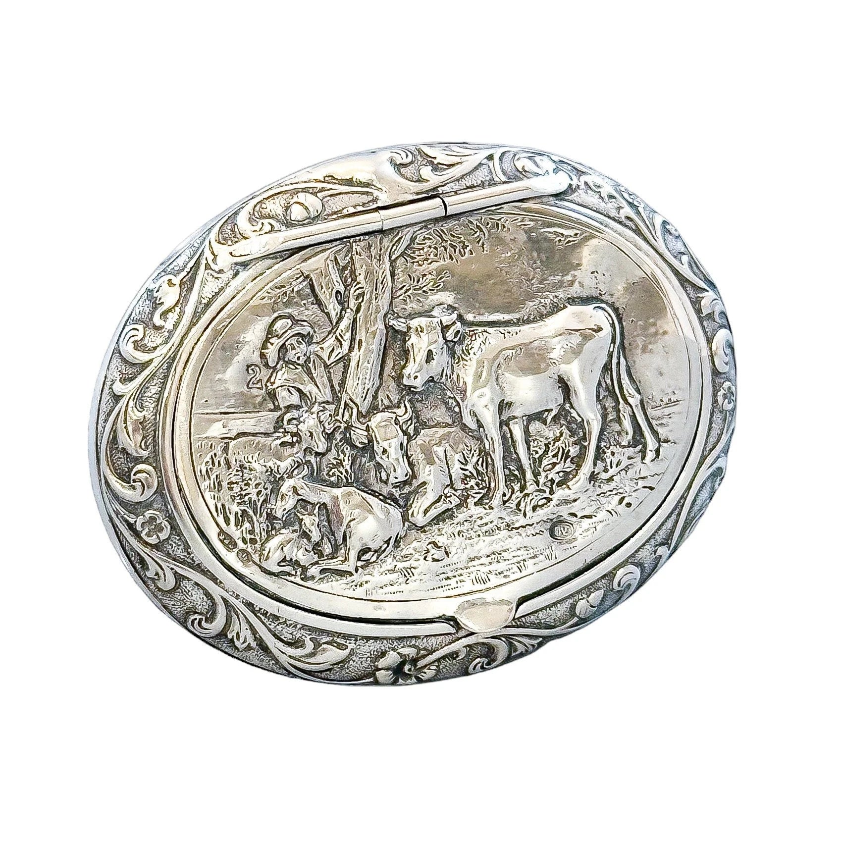 Imported sterling silver Dutch pill / snuff box embossed with cows and sheep