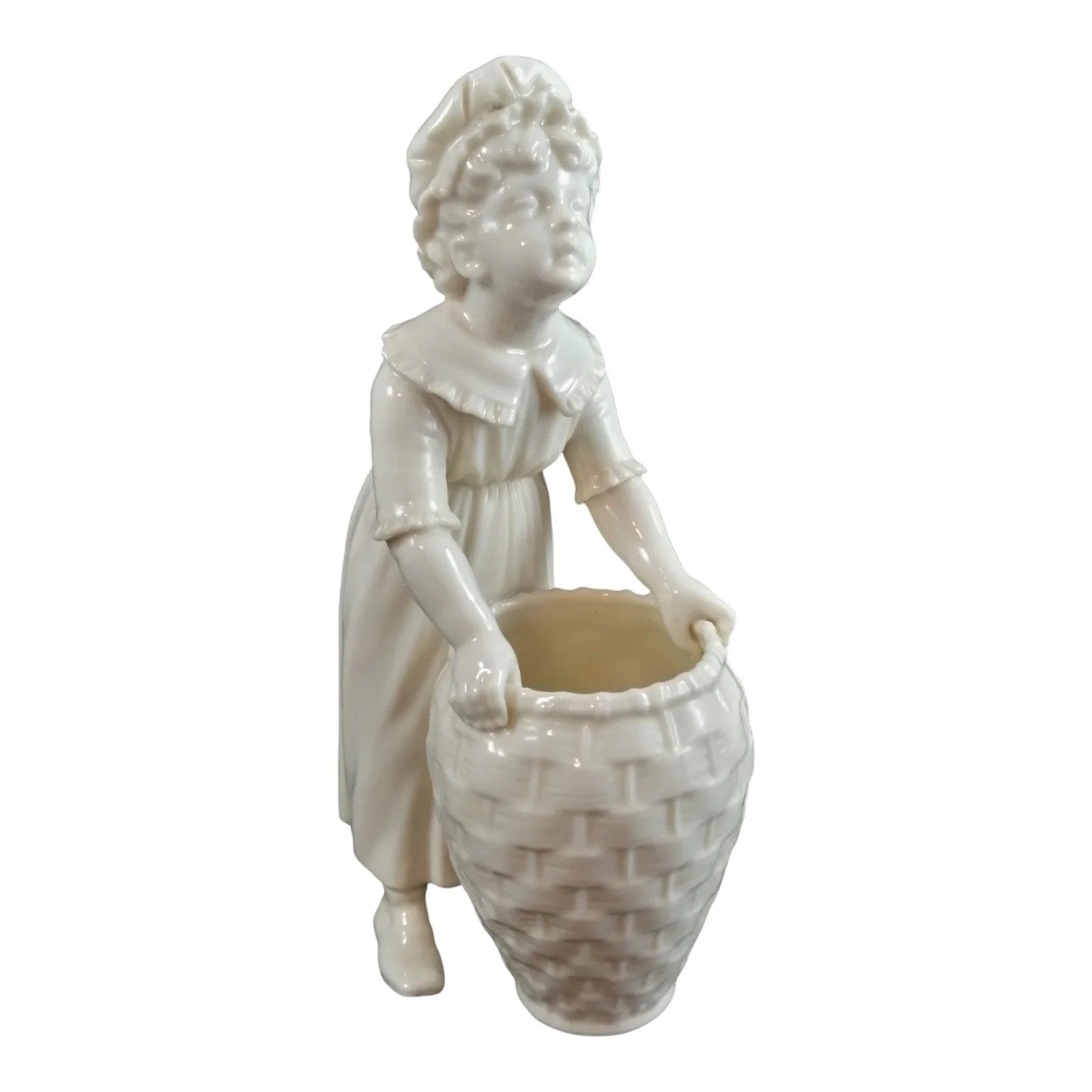 Victorian Royal Worcester "Kate Greenaway" porcelain figurine of young girl with basket modelled by James Hadley