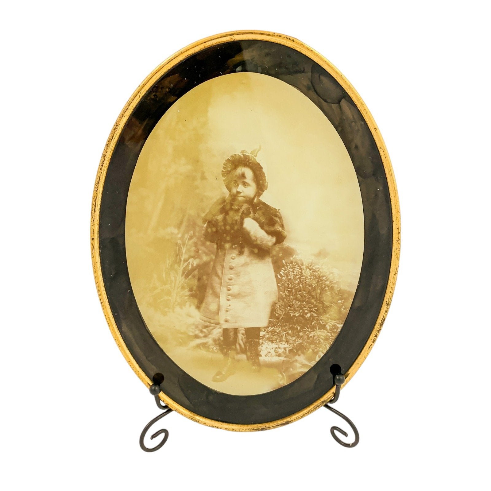 Victorian pair of wall ambrotype photos in gilt brass frames of small children “Bless my heart how cold it is”