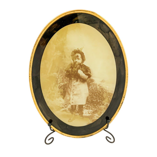 Victorian pair of wall ambrotype photos in gilt brass frames of small children “Bless my heart how cold it is”