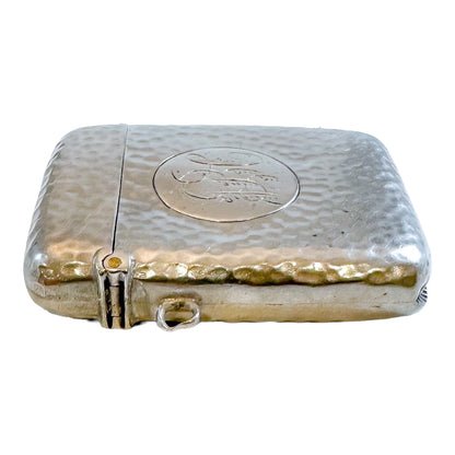 Large Edwardian sterling silver hand-hammered vesta case with bale and strike plate