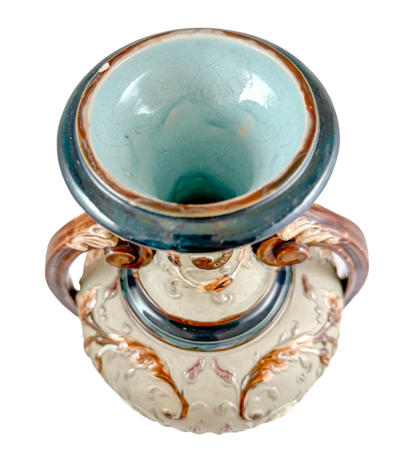 Art Nouveau Wilhelm Schiller and Sons majolica pottery double handed vase