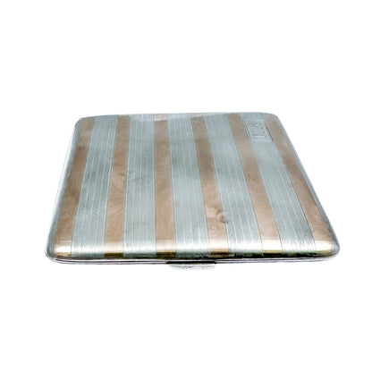American Art Deco sterling silver cigarette / card case inlaid with 14k yellow gold bands