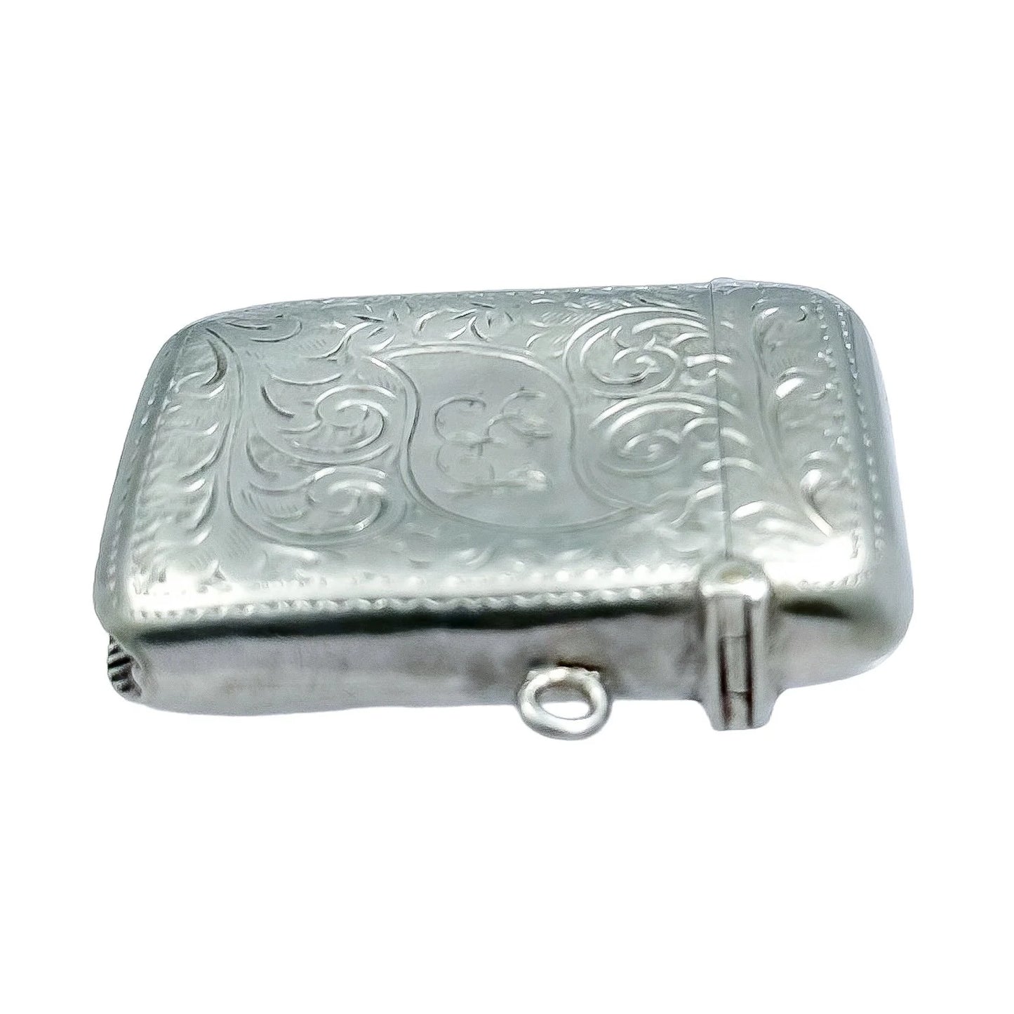 Sterling silver Edwardian vesta case engraved with Art Nouveau scrolling foliage