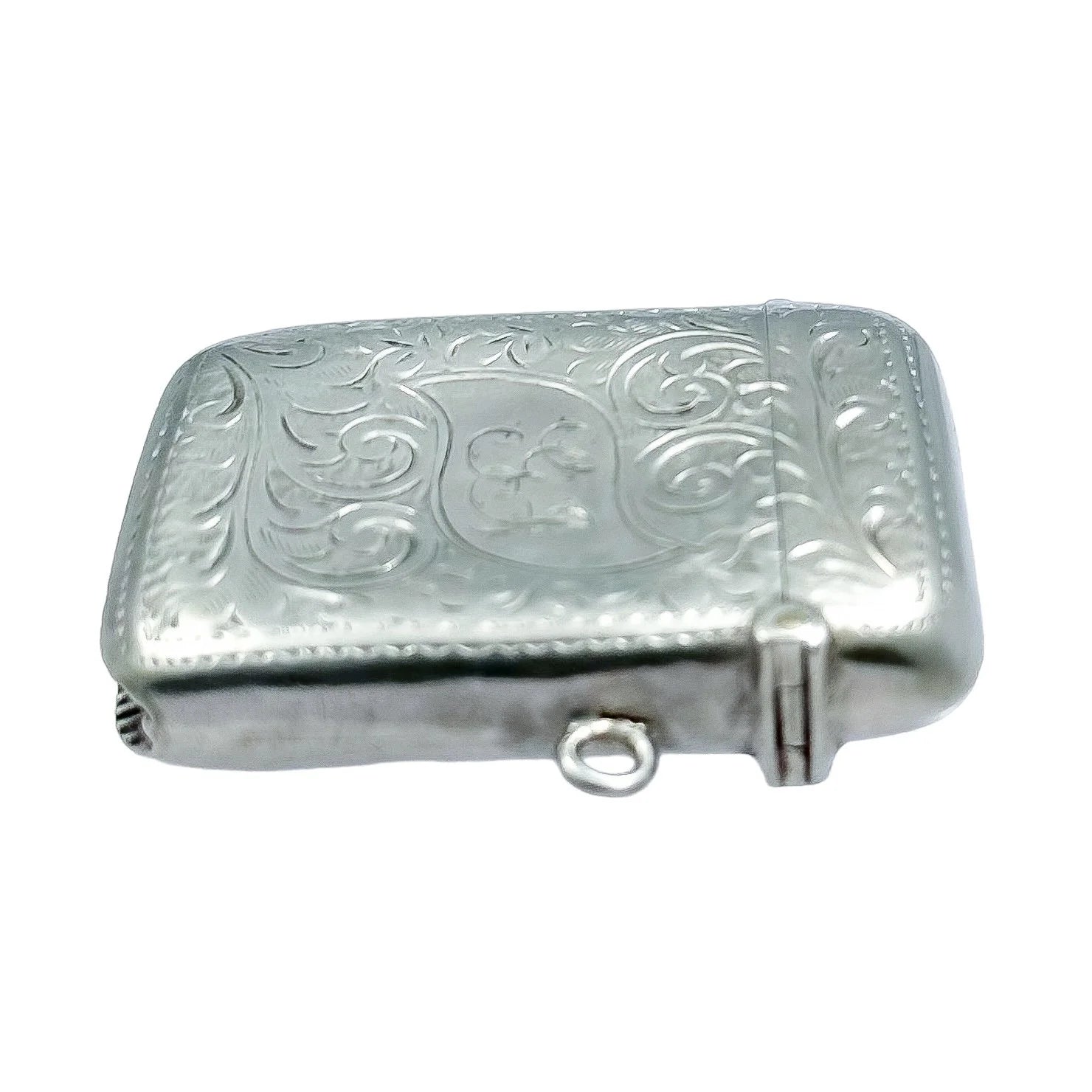 Sterling silver Edwardian vesta case engraved with Art Nouveau scrolling foliage