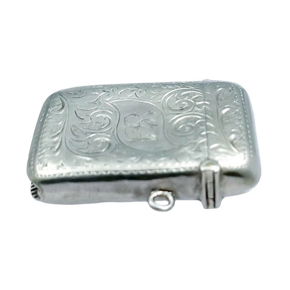 Sterling silver Edwardian vesta case engraved with Art Nouveau scrolling foliage
