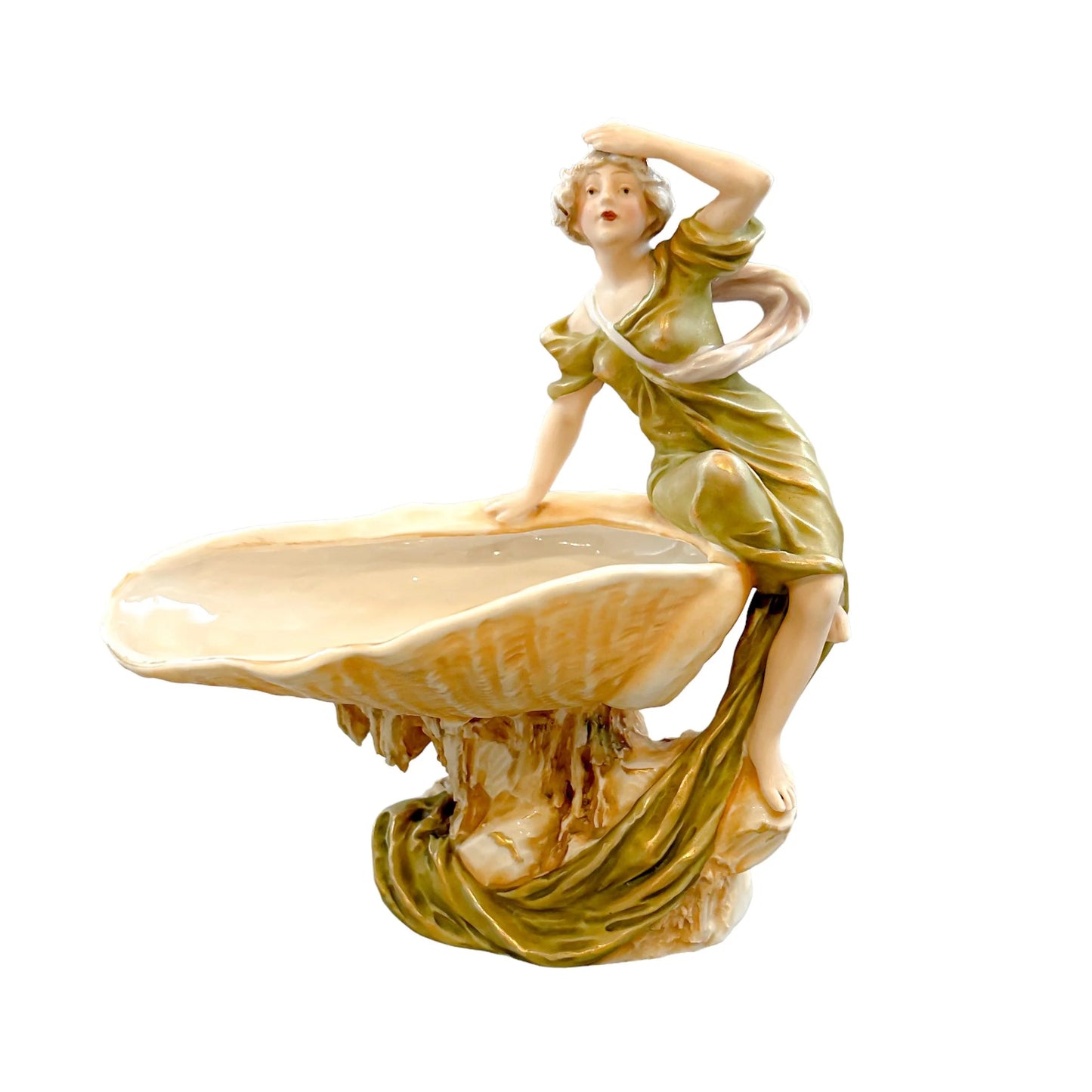 Art Nouveau Royal Dux porcelain "Maiden leaning on shell" vide poche