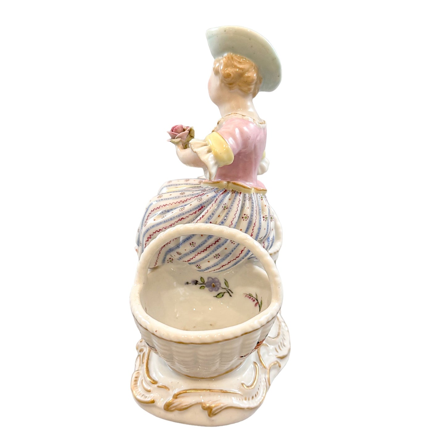 Rococo German Dresden porcelain double open bonbon / salt cellar, "Girl with baskets"