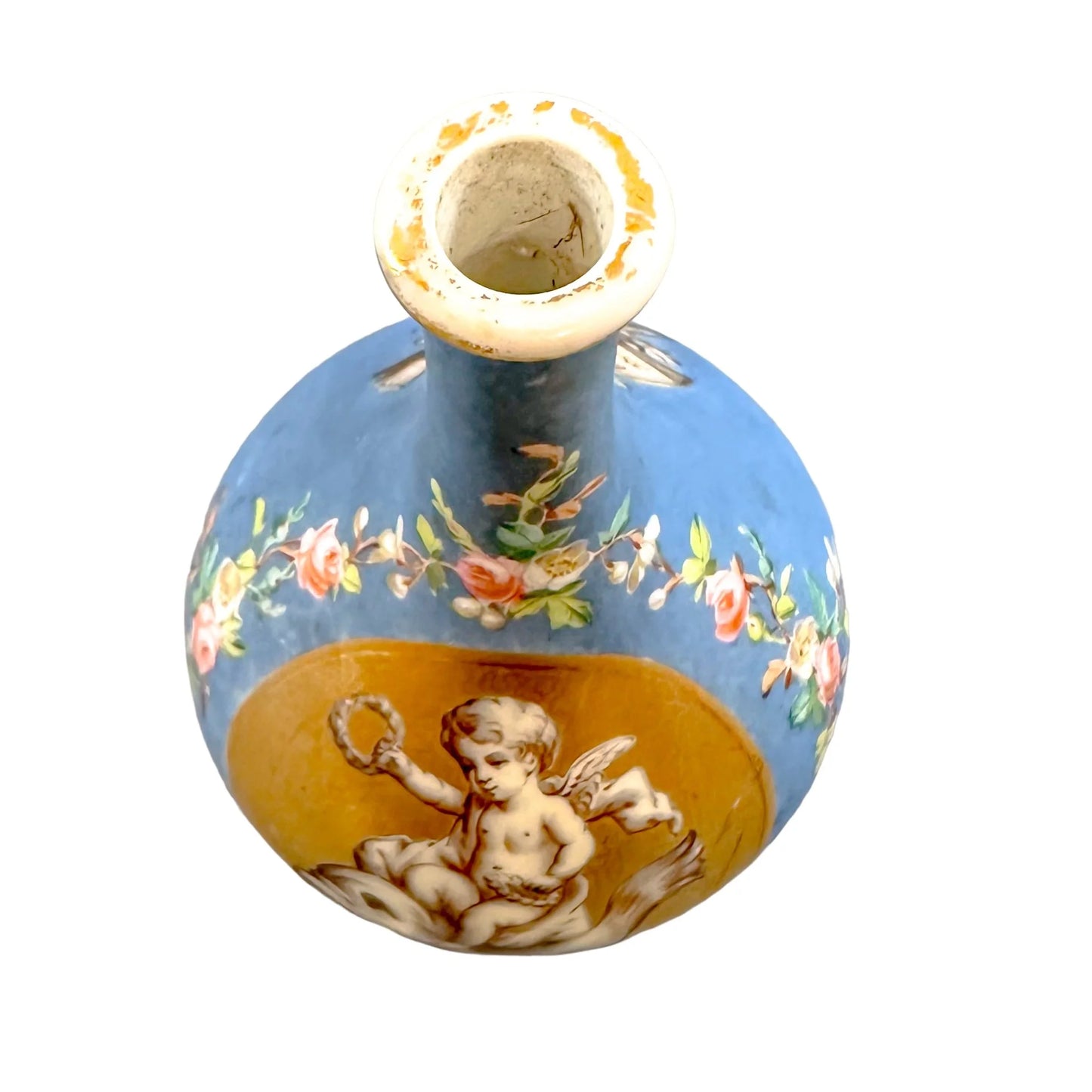 French 19th Century onion-shaped blue porcelain vase of cherub riding sea monster