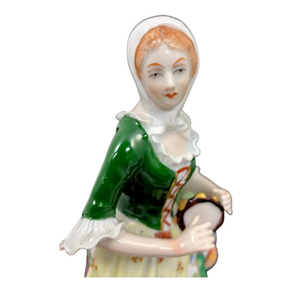 German porcelain Sitzendorf figurine of Georgian peasant girl with tambourine and sheep at her feet