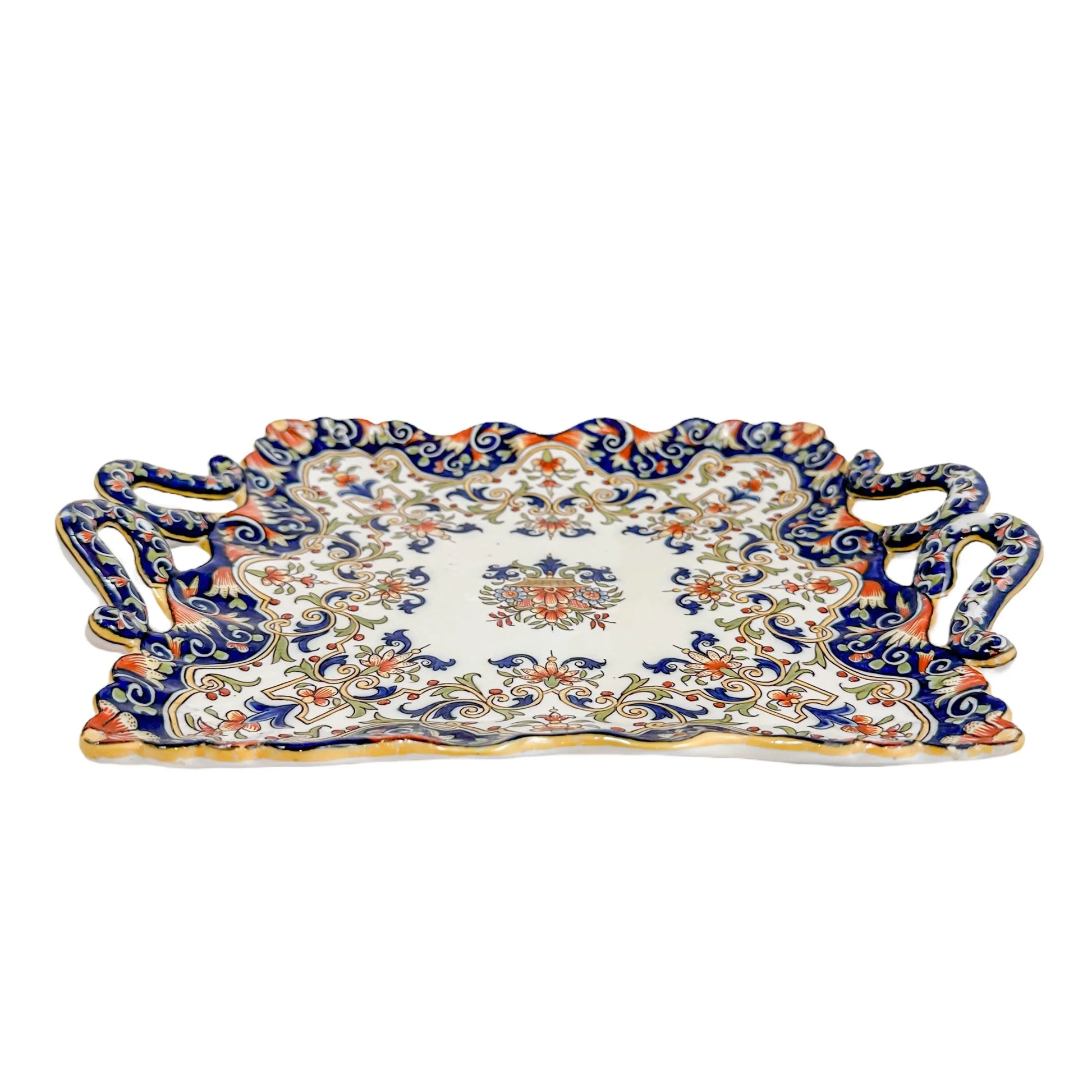 French 1900's Desvres Fourmaintraux faience ceramic floral two-handled tray