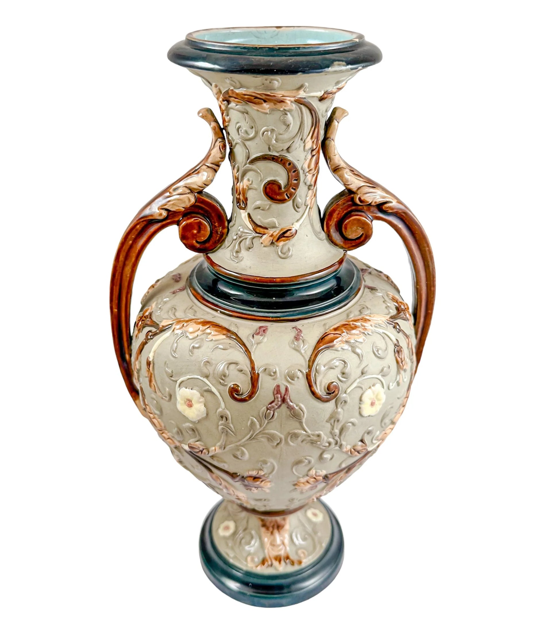 Art Nouveau Wilhelm Schiller and Sons majolica pottery double handed vase