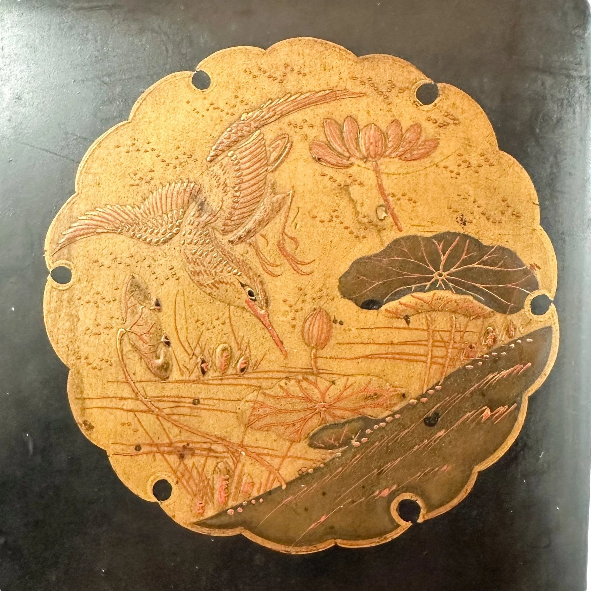 Japanese Meiji black lacquer document box, gold takamaki-e crane and bird of prey design
