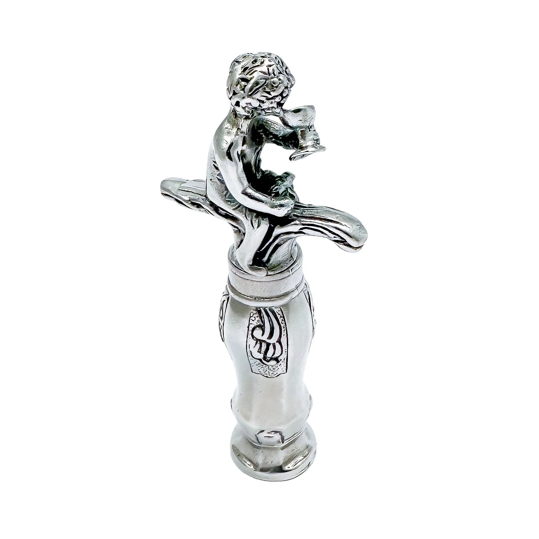 Large Dutch solid silver figural corkscrew of Bacchus / Cupid drinking wine