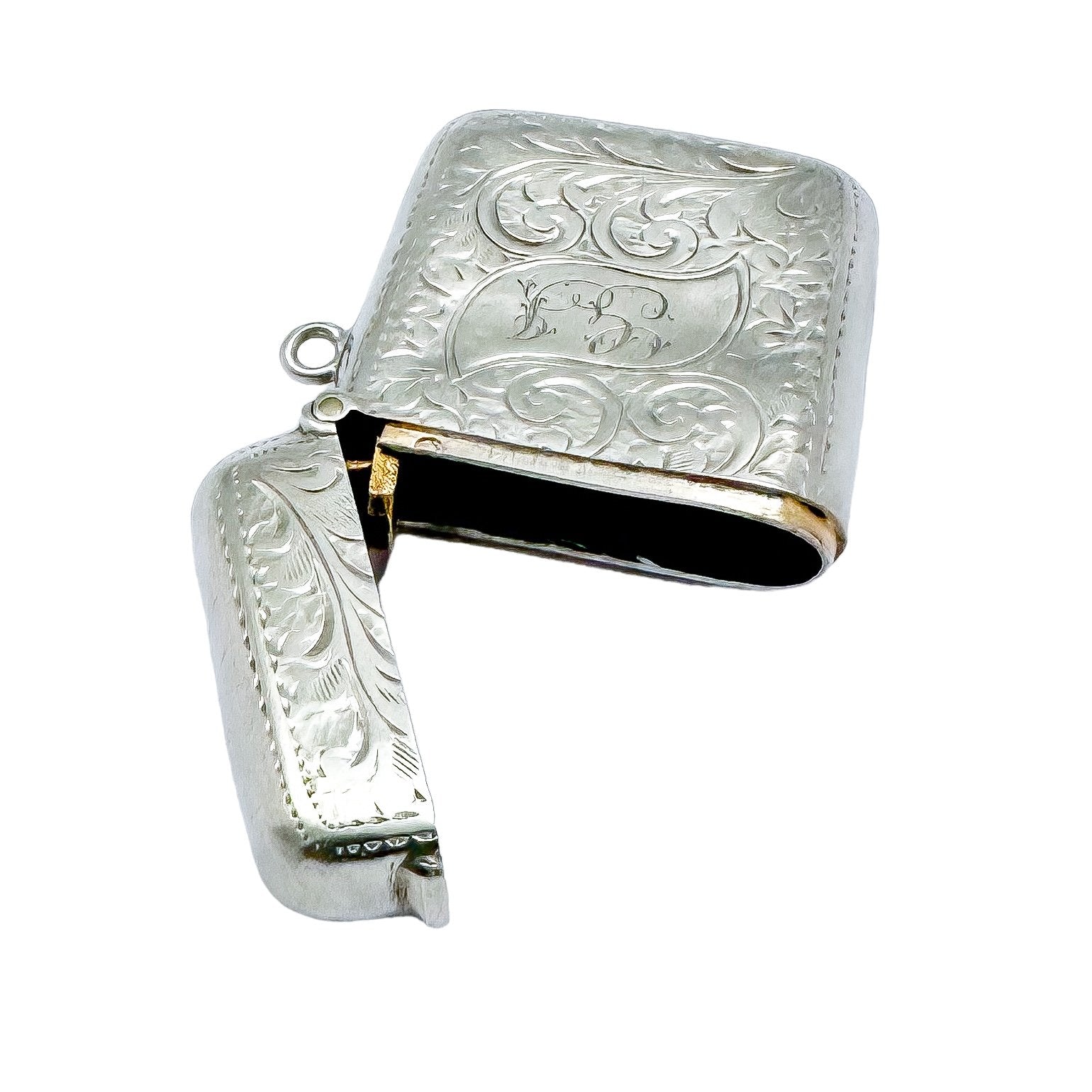 Sterling silver Edwardian vesta case engraved with Art Nouveau scrolling foliage