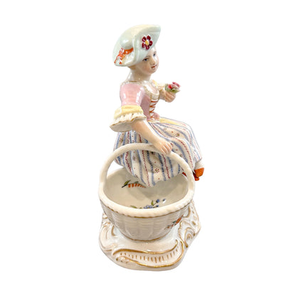 Rococo German Dresden porcelain double open bonbon / salt cellar, "Girl with baskets"