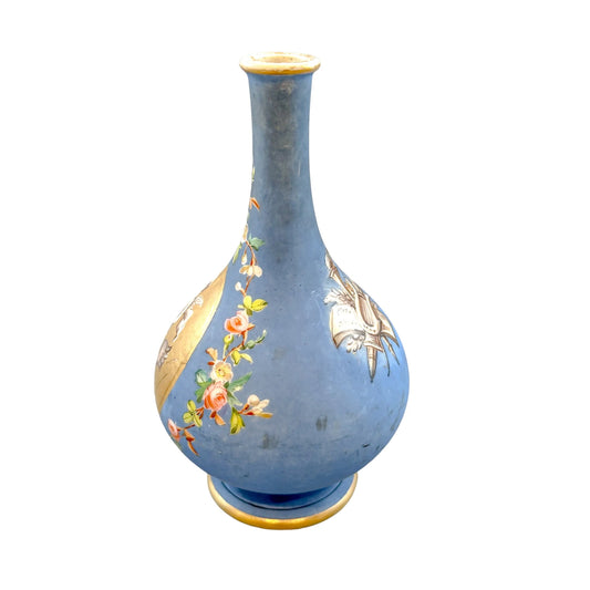 French 19th Century onion-shaped blue porcelain vase of cherub riding sea monster