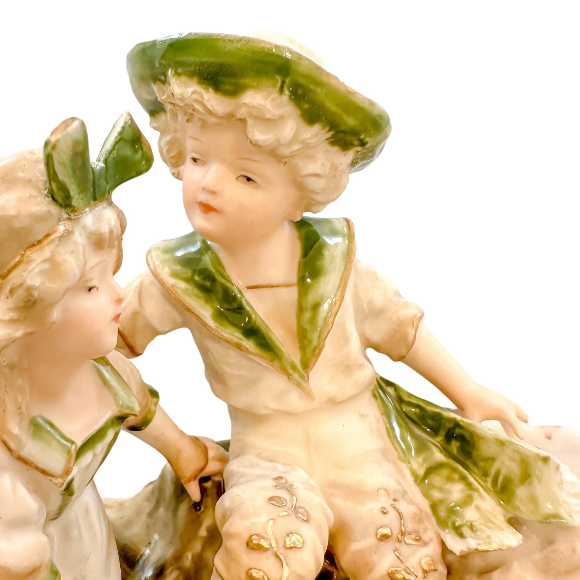 Art Nouveau Ernst Wahliss figural double spill vase centrepiece with boy and girl