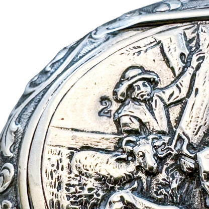 Imported sterling silver Dutch pill / snuff box embossed with cows and sheep