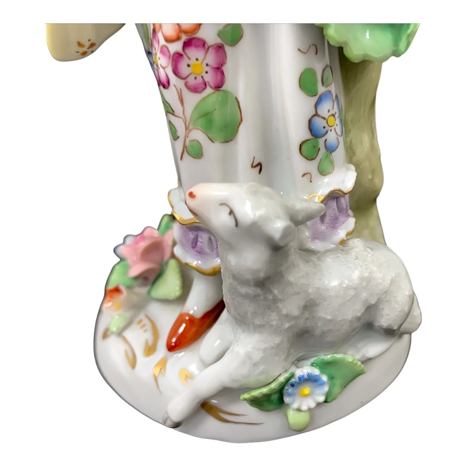 German porcelain Sitzendorf figurine of Georgian peasant girl with tambourine and sheep at her feet