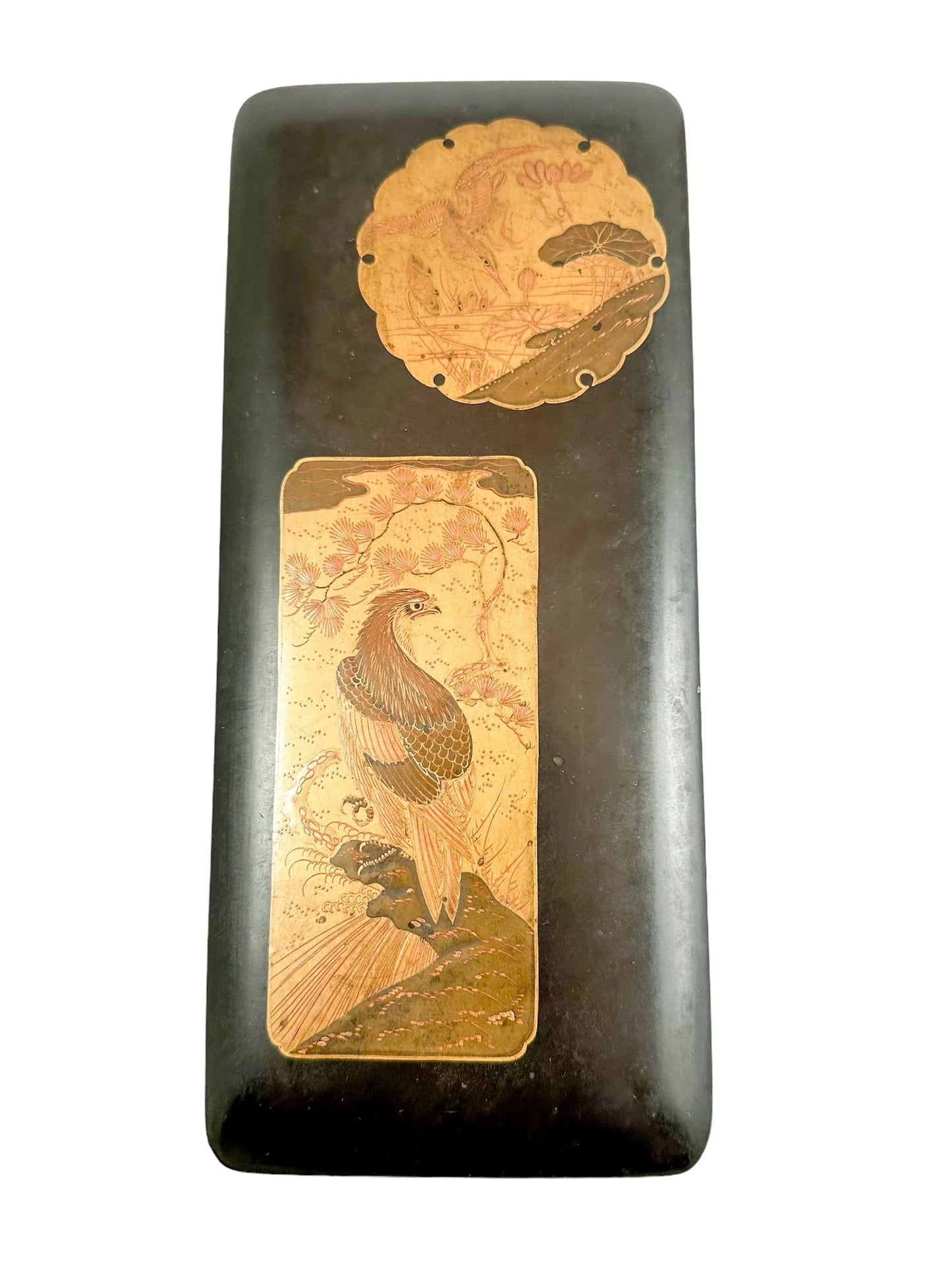 Japanese Meiji black lacquer document box, gold takamaki-e crane and bird of prey design