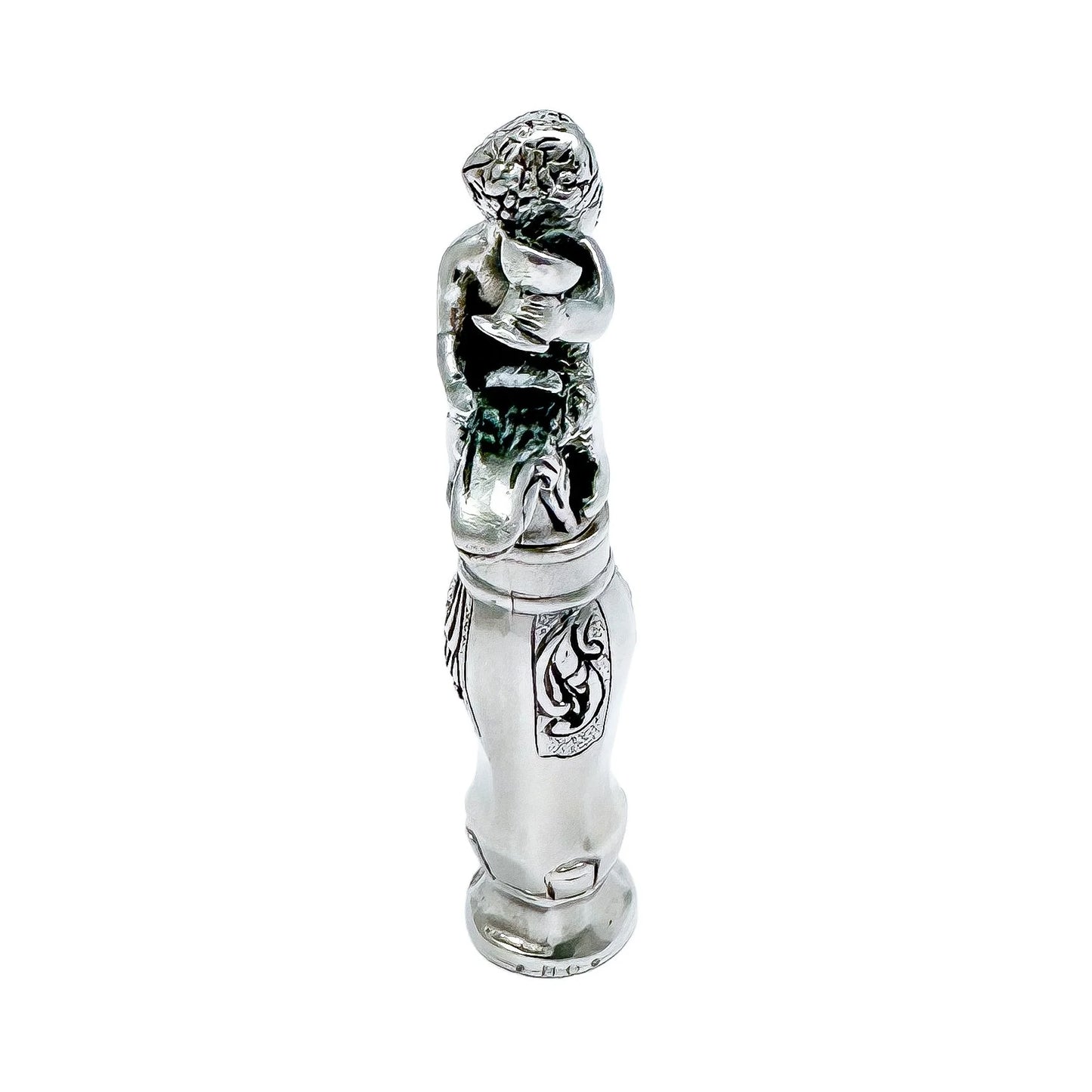 Large Dutch solid silver figural corkscrew of Bacchus / Cupid drinking wine