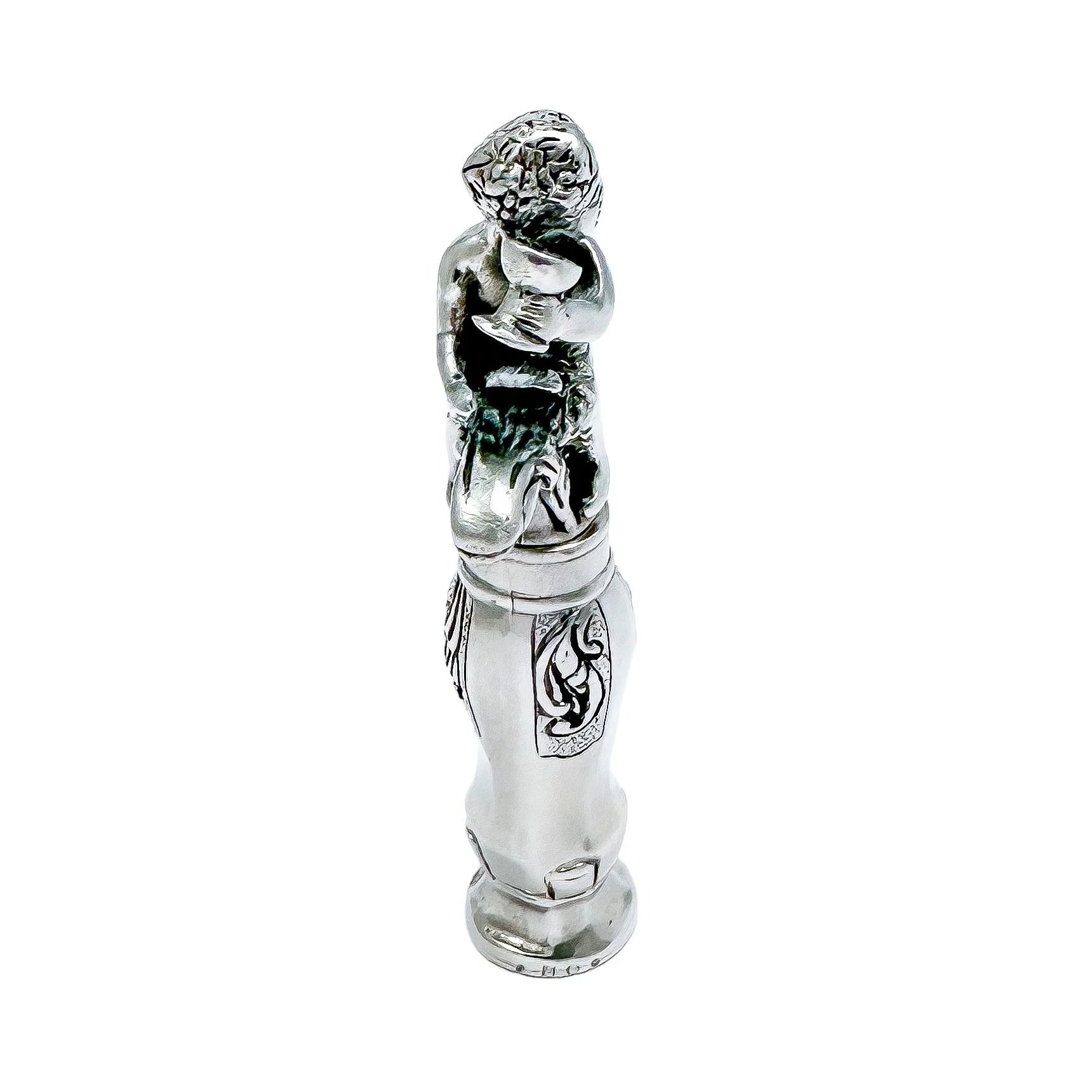 Large Dutch solid silver figural corkscrew of Bacchus / Cupid drinking wine