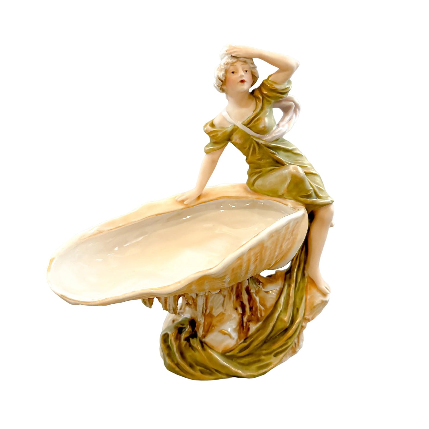Art Nouveau Royal Dux porcelain "Maiden leaning on shell" vide poche
