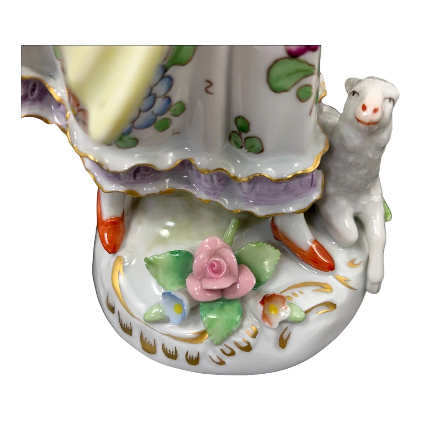 German porcelain Sitzendorf figurine of Georgian peasant girl with tambourine and sheep at her feet