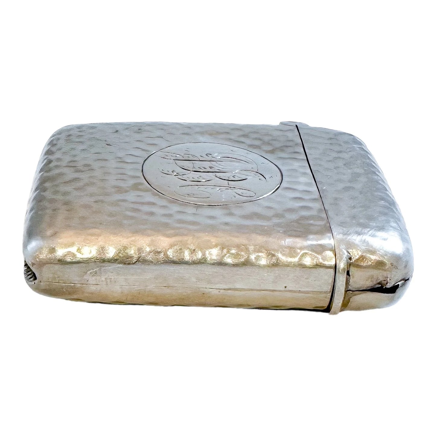 Large Edwardian sterling silver hand-hammered vesta case with bale and strike plate