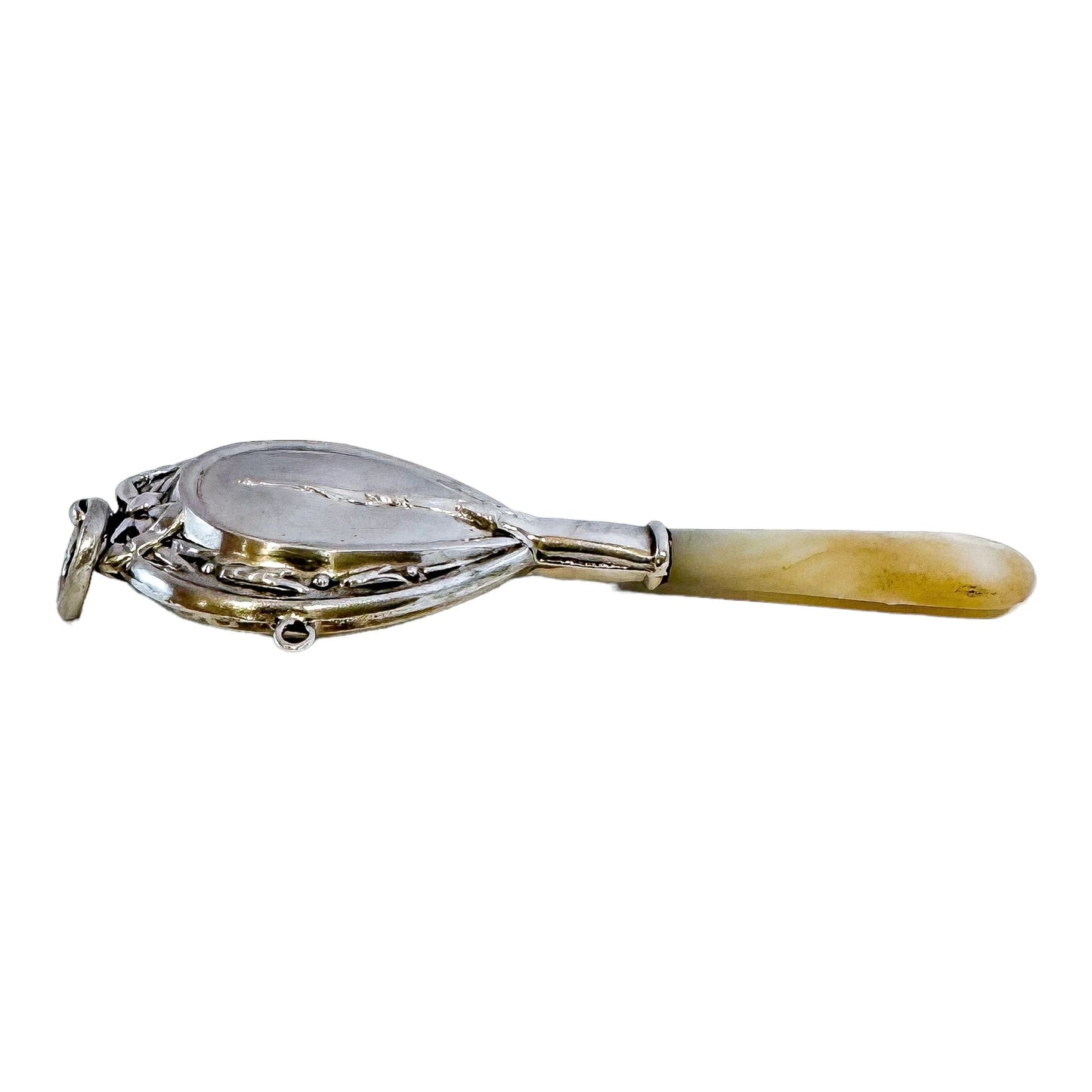 Edwardian Chester sterling silver and mother of pearl baby rattle