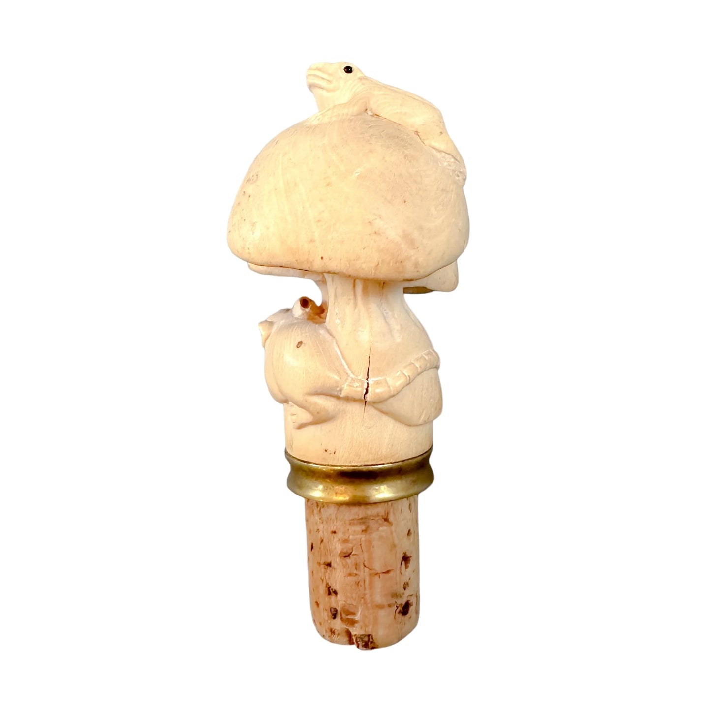 1890's Japanese novelty boxwood toad and rat on mushrooms bottle cork