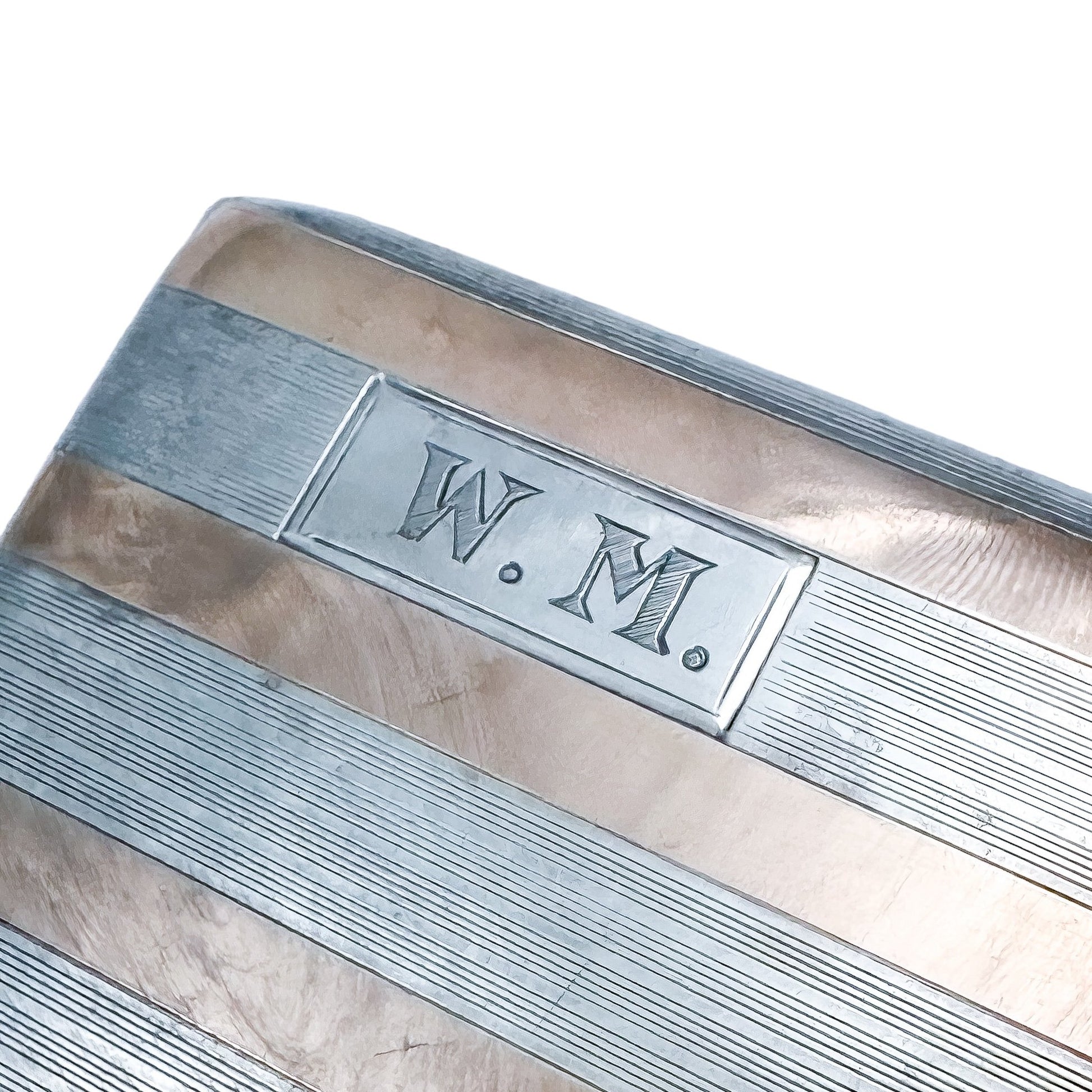 American Art Deco sterling silver cigarette / card case inlaid with 14k yellow gold bands