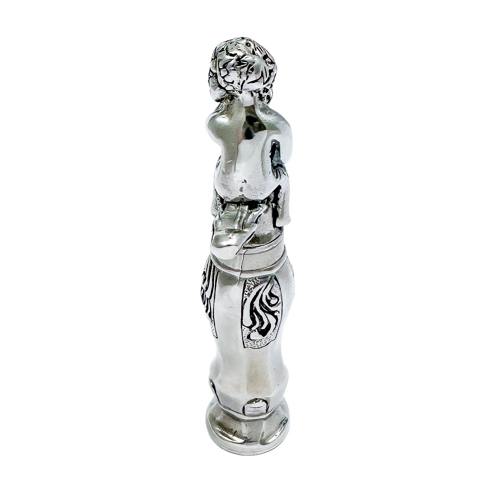 Large Dutch solid silver figural corkscrew of Bacchus / Cupid drinking wine
