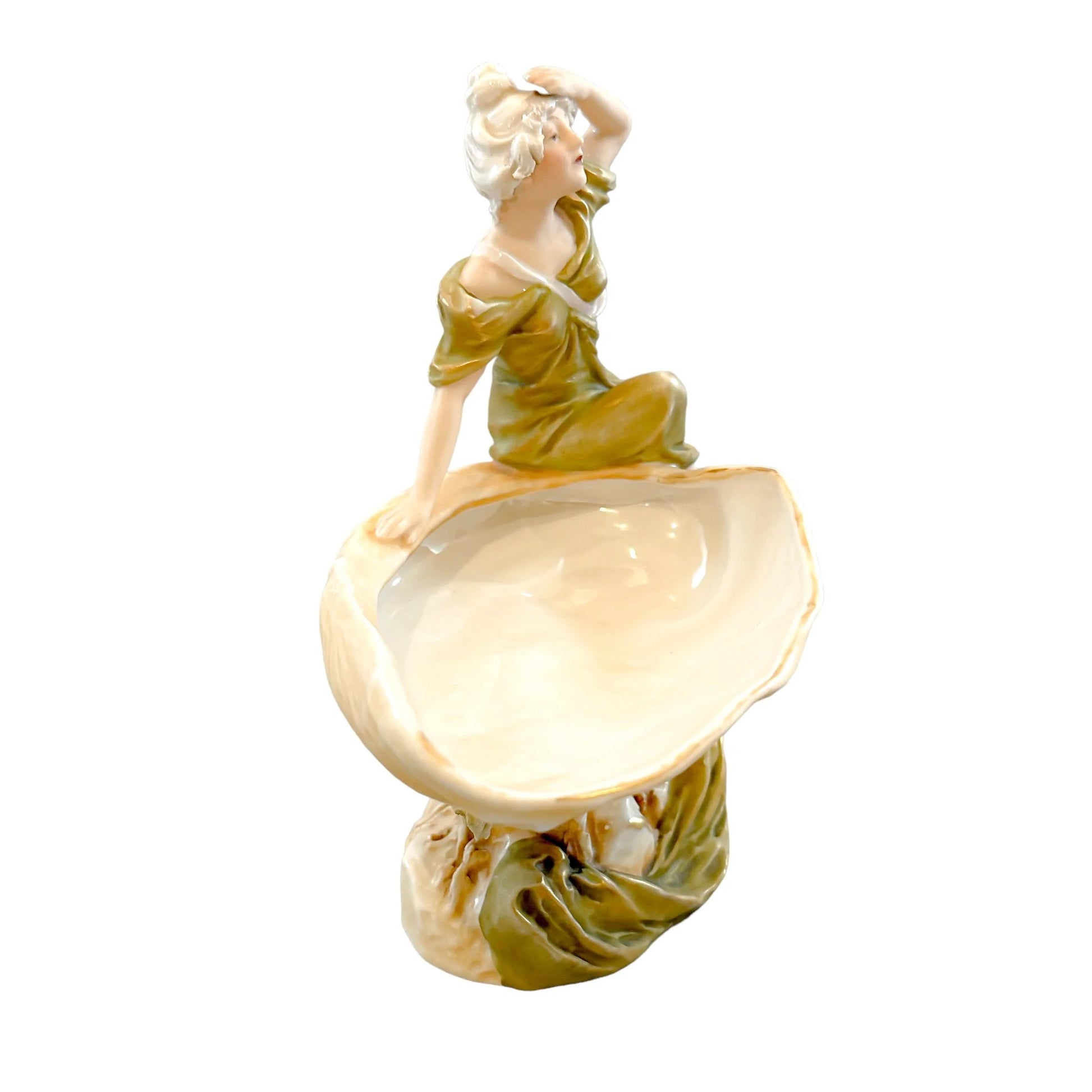 Art Nouveau Royal Dux porcelain "Maiden leaning on shell" vide poche