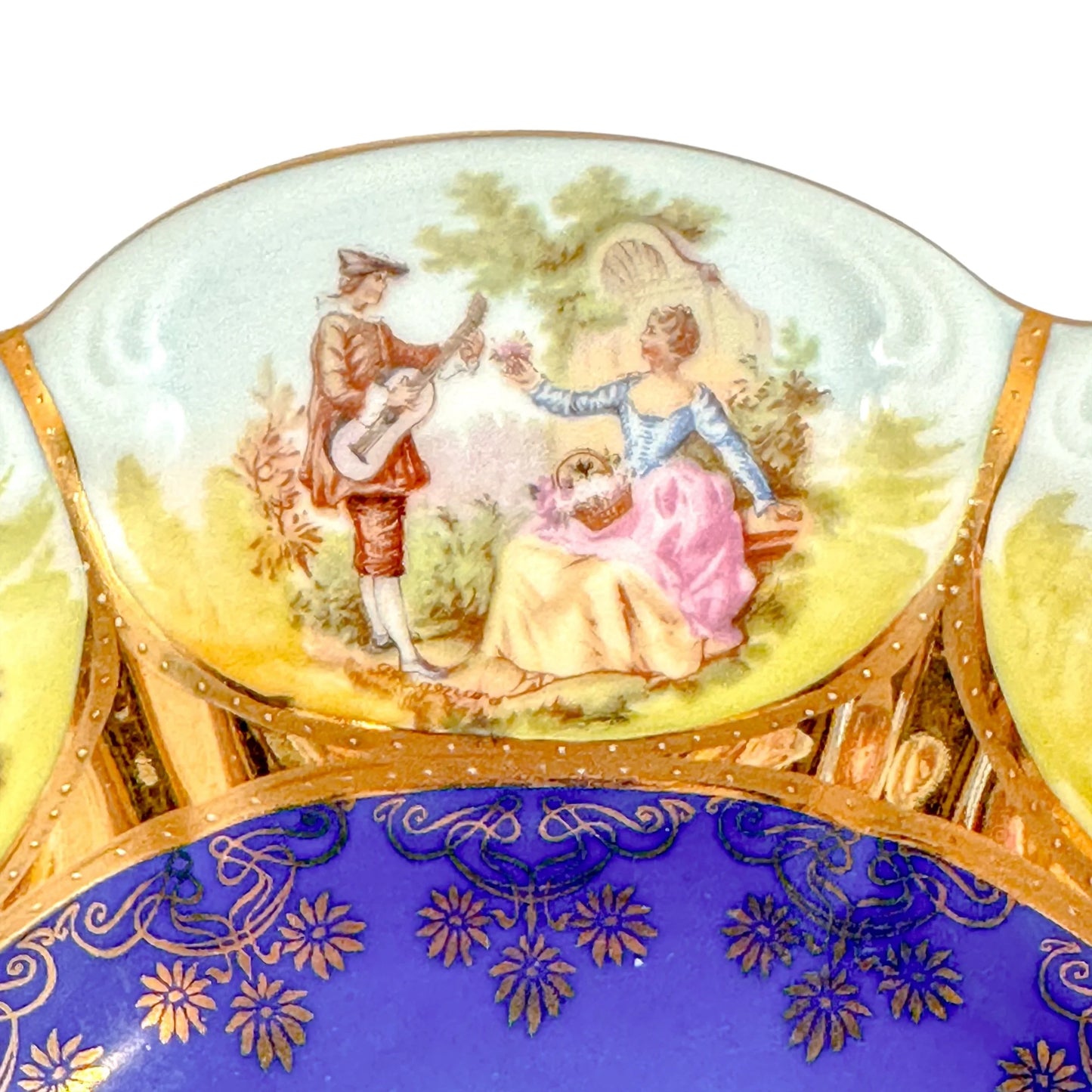 Large Josef Kuba vintage fluted bowl depicting Fragonard courting couples, Karslbad