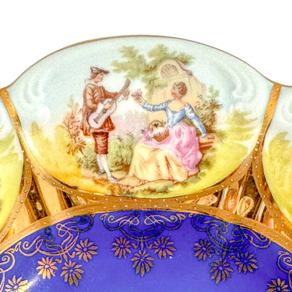 Large Josef Kuba vintage fluted bowl depicting Fragonard courting couples, Karslbad