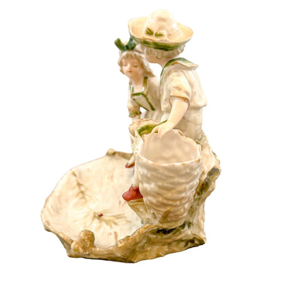 Art Nouveau Ernst Wahliss figural double spill vase centrepiece with boy and girl