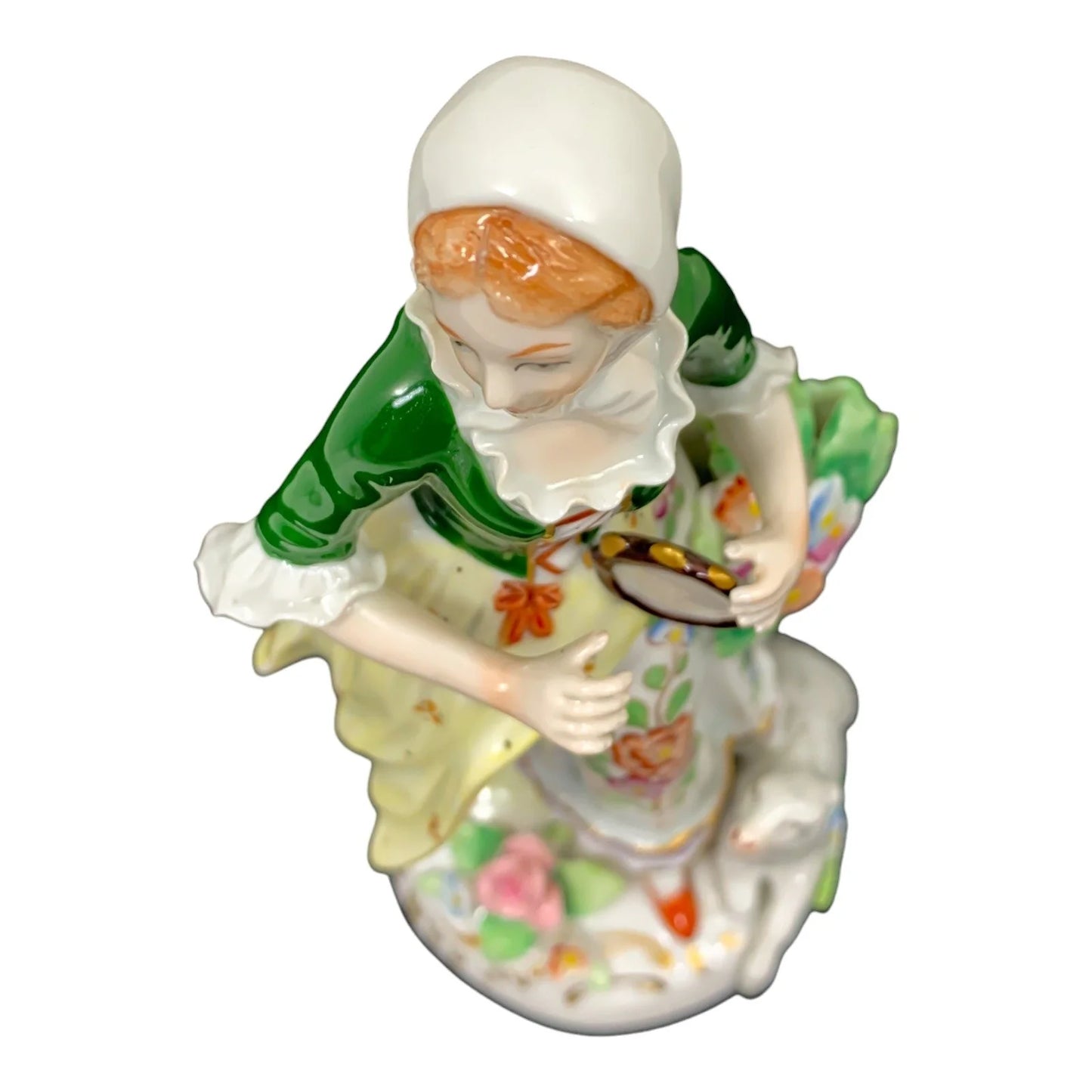 German porcelain Sitzendorf figurine of Georgian peasant girl with tambourine and sheep at her feet
