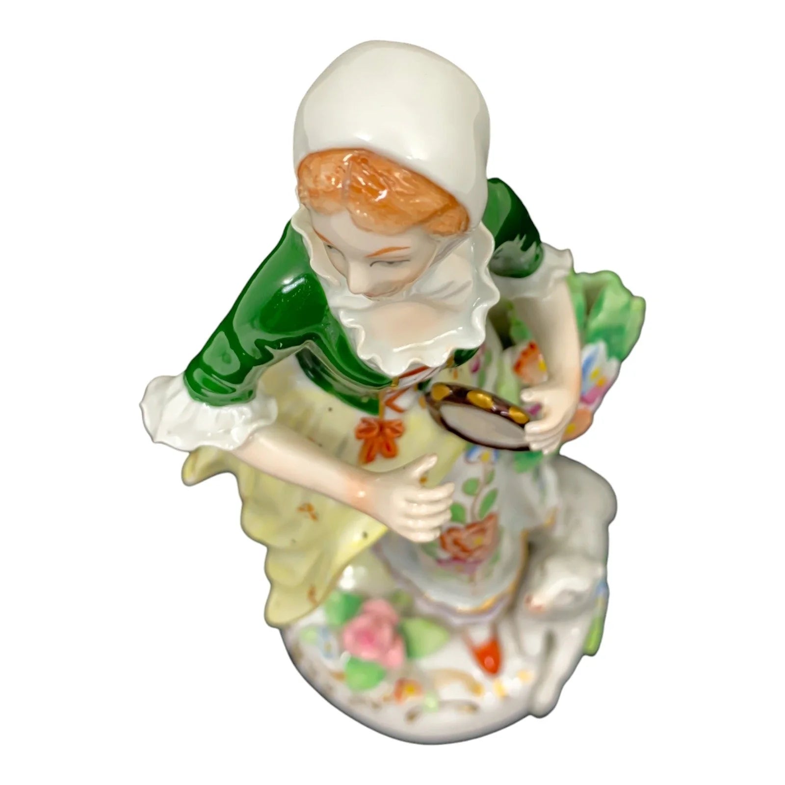 German porcelain Sitzendorf figurine of Georgian peasant girl with tambourine and sheep at her feet