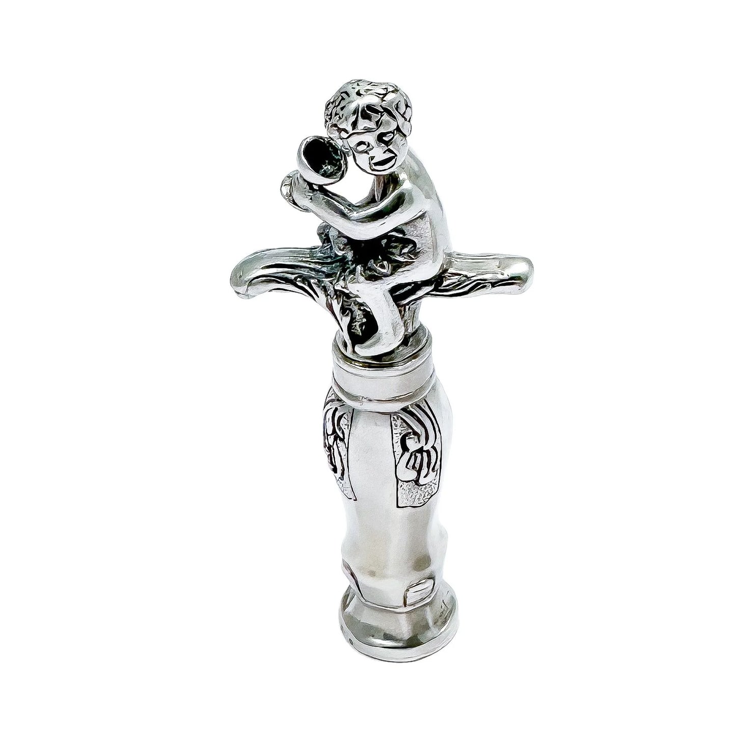 Large Dutch solid silver figural corkscrew of Bacchus / Cupid drinking wine