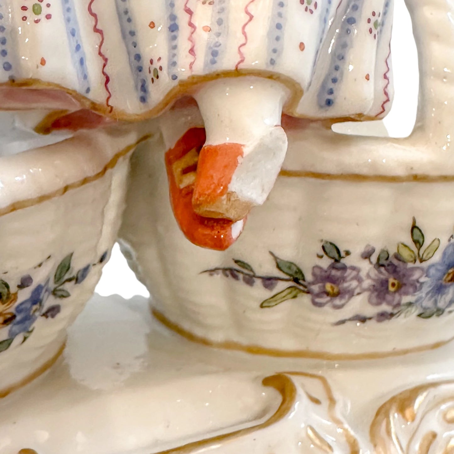 Rococo German Dresden porcelain double open bonbon / salt cellar, "Girl with baskets"