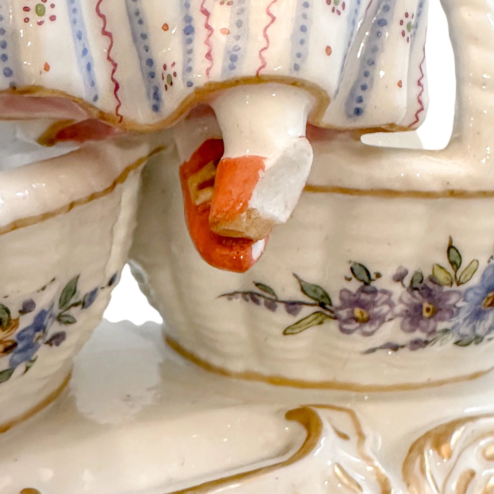 Rococo German Dresden porcelain double open bonbon / salt cellar, "Girl with baskets"