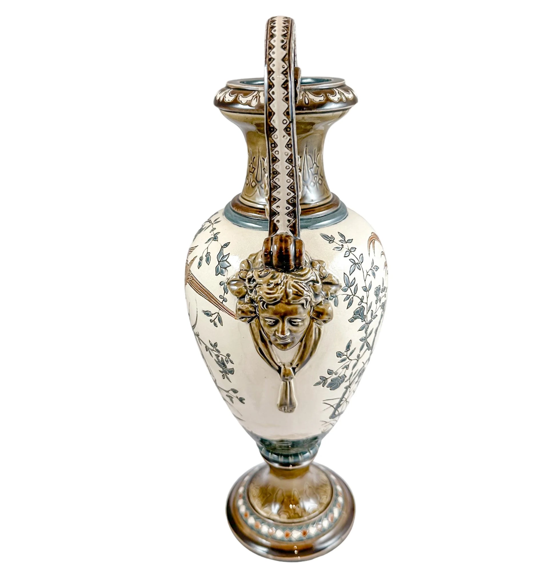 Art Nouveau majolica Gerbing & Stephan double handed vase, Japanese bird motif
