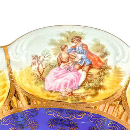 Large Josef Kuba vintage fluted bowl depicting Fragonard courting couples, Karslbad